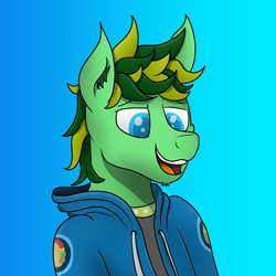 Size: 3000x3000 | Tagged: safe, artist:tacomytaco, imported from derpibooru, oc, oc only, oc:taco.m.tacoson, pony, bust, clothes, gradient background, hoodie, male, portrait, profile picture, shirt, smiling, solo