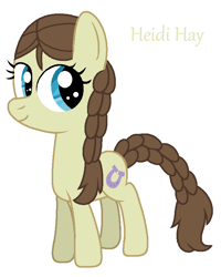 Size: 664x832 | Tagged: safe, artist:tonytoad52, imported from derpibooru, heidi hay, earth pony, pony, braid, braided pigtails, braided tail, cutie mark, female, filly, horseshoes, simple background, smiling, text, white background, yellow text