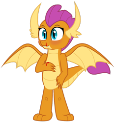 Size: 742x792 | Tagged: safe, artist:byteslice, imported from derpibooru, smolder, dragon, .svg available, blood, blushing, dragoness, female, nosebleed, simple background, smiling, solo, spread wings, standing, svg, transparent background, vector, wings