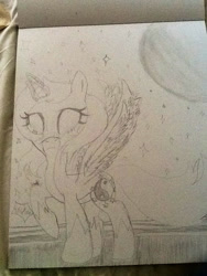 Size: 720x960 | Tagged: safe, artist:juliet-gwolf18, imported from derpibooru, oc, oc only, oc:juliet, alicorn, pony, alicorn oc, eyelashes, full moon, glowing horn, horn, moon, raised hoof, solo, stars, traditional art, wings