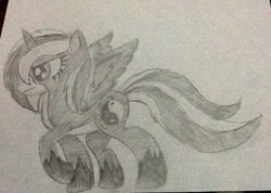 Size: 791x563 | Tagged: safe, artist:juliet-gwolf18, imported from derpibooru, oc, oc only, oc:juliet, alicorn, pony, alicorn oc, base used, eyelashes, grayscale, hoof shoes, horn, monochrome, raised hoof, solo, traditional art, wings, yin-yang