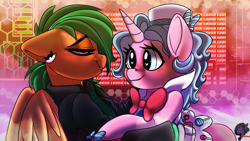 Size: 3840x2160 | Tagged: safe, artist:brainiac, derpibooru exclusive, imported from derpibooru, oc, oc:atom smasher, oc:candy chip, cyborg, pegasus, unicorn, the sunjackers, cute, cyberpunk, female, lesbian, mare, ocbetes, pinkies gala dress