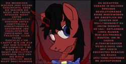 Size: 2813x1440 | Tagged: safe, artist:aaronmk, imported from derpibooru, oc, oc:red eye, cyborg, earth pony, pony, fallout equestria, bust, cyber eye, cybernetic eyes, german, horn, male, stallion, text, wings