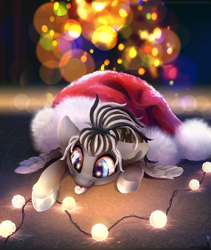 Size: 3200x3800 | Tagged: safe, artist:mithriss, imported from derpibooru, oc, oc only, oc:package delivery, pegasus, pony, christmas, dreadlocks, hat, holiday, santa hat, solo, string lights, tongue out