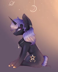 Size: 1080x1350 | Tagged: safe, artist:rxndxm.artist, imported from derpibooru, oc, oc only, pony, abstract background, chest fluff, ear piercing, jewelry, necklace, piercing, sitting, solo