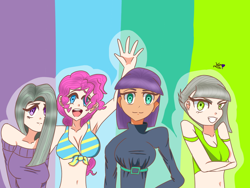 Size: 1024x768 | Tagged: safe, artist:kikithepegasisweeb, imported from derpibooru, limestone pie, marble pie, maud pie, pinkie pie, human, bare shoulders, belly button, belt, bikini, bikini top, breasts, clothes, crossed arms, dress, female, grin, humanized, open mouth, pie sisters, short shirt, siblings, sisters, smiling, sweater, swimsuit, tanktop, waving