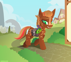 Size: 2977x2596 | Tagged: safe, artist:andaluce, imported from derpibooru, oc, oc only, oc:aero, hybrid, original species, zebra, zony, bag, fairy dragon, high res, lineless, pet, saddle bag, scenery, smiling