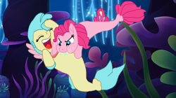 Size: 1024x572 | Tagged: safe, artist:diana173076, imported from derpibooru, pinkie pie, princess skystar, seapony (g4), my little pony: the movie, bubble, duo, female, hoof on head, laughing, lesbian, open mouth, raspberry, seaponified, seapony pinkie pie, species swap, tickling, tongue out, tummy buzz, underwater