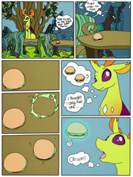 Size: 900x1200 | Tagged: safe, artist:smallhorses, imported from derpibooru, queen chrysalis, thorax, changedling, changeling, changeling queen, burger, comic, commission, didn't think this through, female, food, imminent vore, implied death, implied digestion, king thorax, this will end in death, this will end in tears, this will end in tears and/or death, vore