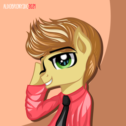 Size: 2000x2000 | Tagged: safe, artist:aldobronyjdc, imported from derpibooru, feather bangs, earth pony, pony, clothes, digital art, hairstyle, happy, male, necktie, one eye closed, shirt, simple background, smiling at you, solo, wink