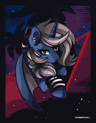 Size: 1720x2200 | Tagged: safe, artist:ciderpunk, imported from derpibooru, oc, alicorn, bat pony, pony, clothes, commission, ear piercing, earring, jewelry, piercing, retrowave, synthwave