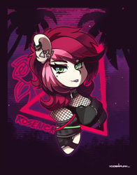 Size: 2346x3000 | Tagged: safe, artist:ciderpunk, imported from derpibooru, roseluck, clothes, cybergoth, cyberpunk, ear piercing, earring, fishnets, glowstick, jewelry, piercing, retrowave, synthwave