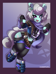 Size: 2290x3000 | Tagged: safe, artist:ciderpunk, imported from derpibooru, oc, boots, clothes, commission, cyberpunk, ear piercing, earring, gloves, jewelry, piercing, shoes