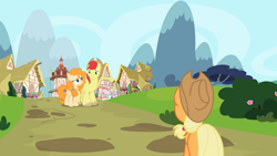 Size: 1920x1080 | Tagged: safe, artist:dashiesparkle, artist:dashiesparkle edit, artist:estories, edit, editor:jaredking203, imported from derpibooru, vector edit, applejack, bright mac, pear butter, earth pony, pony, female, male, mare, ponyville, stallion, story included, vector