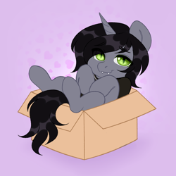 Size: 1000x1000 | Tagged: safe, artist:tookiut, imported from derpibooru, pony, unicorn, box, clothes, commission, disguise, disguised siren, fangs, horn, jewelry, kellin quinn, looking at you, lying down, male, necklace, on back, ponified, pony in a box, shirt, sleeping with sirens, slit eyes, slit pupils, smiling, solo, stallion, t-shirt, ych result