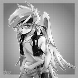 Size: 600x600 | Tagged: safe, artist:thegreatrouge, imported from derpibooru, rainbow dash, anthro, pegasus, clothes, grayscale, monochrome, old art