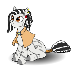 Size: 1800x1800 | Tagged: safe, artist:pony quarantine, imported from derpibooru, oc, oc only, oc:zurina, pony, zebra, cloak, clothes, ear piercing, earring, female, jewelry, looking up, mare, piercing, simple background, sitting, solo, white background