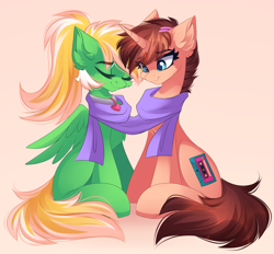 Size: 1280x1189 | Tagged: safe, artist:airiniblock, imported from derpibooru, oc, oc only, oc:cressida, oc:gumdrops, pegasus, pony, unicorn, clothes, collar, duo, rcf community, scarf, shared clothing, shared scarf