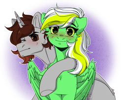 Size: 2200x1783 | Tagged: safe, artist:allisonbacker, imported from derpibooru, oc, oc:gumdrops, oc:shruggy, pegasus, pony, unicorn