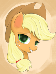 Size: 1426x1871 | Tagged: source needed, safe, artist:ponerino, imported from derpibooru, applejack, earth pony, pony, bust, colored, cowboy hat, digital art, female, hat, head, looking at you, mare, teeth
