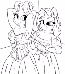 Size: 2957x3329 | Tagged: safe, artist:peachykireen, imported from derpibooru, starlight glimmer, trixie, anthro, unicorn, arm behind head, armpits, black and white, clothes, corset, digital art, dress, grayscale, lineart, monochrome, wedding dress