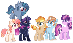 Size: 2341x1385 | Tagged: safe, artist:gallantserver, imported from derpibooru, oc, oc only, oc:damascus, oc:kindle, oc:marmalade melody, oc:petrichor yearling, oc:sugarplum sparkle, oc:sunspot, earth pony, pegasus, pony, unicorn, base used, female, magical lesbian spawn, male, mare, offspring, parent:applejack, parent:daring do, parent:pinkie pie, parent:princess luna, parent:rainbow dash, parent:rarity, parent:sunburst, parent:tempest shadow, parent:trixie, parent:twilight sparkle, parents:daringdash, parents:flutterlestia, parents:rarijack, parents:tempestluna, parents:trixburst, parents:twinkie, simple background, stallion, transparent background