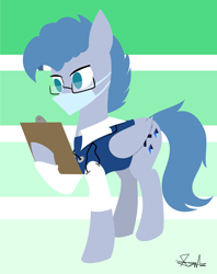 Size: 2502x3166 | Tagged: safe, artist:samsailz, imported from derpibooru, oc, oc only, pegasus, pony, abstract background, clipboard, clothes, doctor, glasses, lineless, mask, reading, simple background, solo, stethoscope
