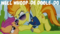 Size: 1920x1080 | Tagged: safe, edit, edited screencap, editor:quoterific, imported from derpibooru, screencap, scootaloo, spitfire, pegasus, pony, the washouts (episode), bitchfire, duo, female, filly, flying, mare, open mouth, puffy cheeks, sunglasses, whistle, whistle necklace, whoop-dee-doodle-doo