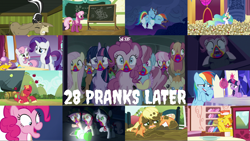 Size: 1960x1104 | Tagged: safe, edit, edited screencap, editor:quoterific, imported from derpibooru, screencap, apple bloom, applejack, big macintosh, carrot cake, cheerilee, cherry berry, cranky doodle donkey, cup cake, fluttershy, mochaccino, pinkie pie, pound cake, princess celestia, pumpkin cake, rainbow dash, rare find, rarity, scootaloo, spike, sweetie belle, twilight sparkle, alicorn, dragon, earth pony, pegasus, pony, skunk, undead, unicorn, zombie, 28 pranks later, animal, chalkboard, collage, cookie zombie, crying, cutie map, cutie mark crusaders, derp, giggling, lantern, laughing, mane six, mud, open mouth, rainbow muzzle, scroll, tears of laughter, twilight sparkle (alicorn), zombie apocalypse