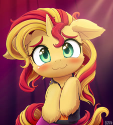 Size: 1920x2134 | Tagged: safe, artist:symbianl, imported from derpibooru, sunset shimmer, pony, unicorn, :3, blushing, clothes, cute, daaaaaaaaaaaw, equestria girls outfit, female, floppy ears, fluffy, hnnng, looking at you, shimmerbetes, smiling at you, solo, symbianl is trying to murder us, weapons-grade cute