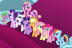 Size: 1712x1151 | Tagged: safe, imported from derpibooru, screencap, applejack, fluttershy, pinkie pie, princess cadance, rainbow dash, rarity, spike, starlight glimmer, twilight sparkle, alicorn, dragon, earth pony, pegasus, pony, unicorn, school raze, cropped, crossed arms, eyes closed, mane eight, mane seven, mane six, twilight sparkle (alicorn), winged spike, wings