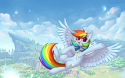 Size: 3800x2372 | Tagged: safe, artist:avrameow, imported from derpibooru, rainbow dash, pegasus, pony, cliff, crossover, cute, dashabetes, eye clipping through hair, female, flower, flower in hair, flying, genshin impact, jewelry, looking at you, mare, mondstadt, necklace, open mouth, scenery, smiling, solo, spread wings, wings