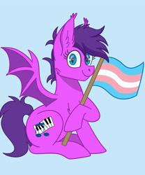 Size: 2000x2400 | Tagged: safe, artist:starlight-j, imported from derpibooru, oc, oc only, oc:melody bliss, bat pony, pony, chest fluff, ear fluff, female, flag, looking at you, mare, pride, pride flag, simple background, solo, spread wings, transgender, transgender pride flag, wings