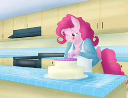 Size: 2600x2000 | Tagged: safe, artist:sixes&sevens, imported from derpibooru, pinkie pie, anthro, earth pony, apron, cake, chubby, clothes, female, food, icing bag, kitchen, one eye closed, oven, tongue out