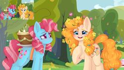 Size: 2732x1536 | Tagged: safe, artist:jennyberry, imported from derpibooru, screencap, cup cake, pear butter, earth pony, pony, the perfect pear, boomerang (tv channel), cake, chiffon swirl, cute, duo, female, flower, flower in hair, food, hoof on chest, mare, open mouth, pear tree, redraw, scene interpretation, tree, younger