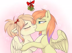 Size: 2132x1568 | Tagged: source needed, safe, artist:haruhi-il, artist:heckfy improver, imported from derpibooru, oc, oc only, pegasus, pony, duo, female, holiday, kissing, lesbian, mistletoe, oc x oc, pegasus oc, shipping, wings