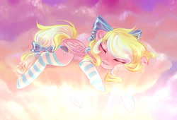 Size: 2200x1500 | Tagged: safe, artist:kovi, imported from derpibooru, oc, oc only, oc:bay breeze, pegasus, pony, bow, clothes, cloud, cute, female, hair bow, mare, sleeping, socks, solo, striped socks, tail bow