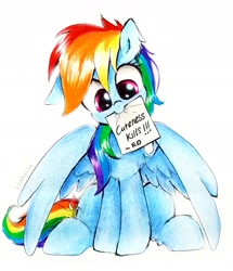 Size: 2061x2398 | Tagged: safe, artist:liaaqila, imported from derpibooru, rainbow dash, pegasus, pony, cute, dashabetes, female, liaaqila is trying to murder us, liaaqila is trying to murder us with dashabetes, mare, mouth hold, paper, simple background, sitting, solo, traditional art, weapons-grade cute, white background
