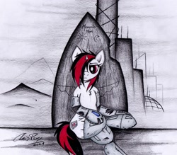 Size: 2429x2125 | Tagged: safe, artist:thechrispony, imported from derpibooru, oc, oc only, oc:blackjack, cyborg, pony, unicorn, fallout equestria, fallout equestria: project horizons, amputee, concerned, cyber legs, cybernetic legs, fanfic art, female, hoofington, horn, level 2 (project horizons), mare, sitting, small horn, solo, traditional art