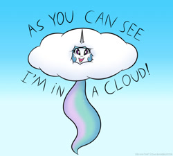 Size: 732x659 | Tagged: safe, artist:banebuster, imported from derpibooru, princess celestia, alicorn, pony, series:tiny tia, captain obvious, cloud, cute, cutelestia, female, gradient background, hiding, looking at you, mare, open mouth, peeking, simple background, smiling, solo, tail, text, your argument is invalid