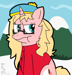Size: 1006x1039 | Tagged: safe, artist:icecreamjaxxie, imported from derpibooru, oc, oc only, oc:mille feuille, pony, unicorn, back freckles, clothes, coat, crossover, eric cartman, food, freckles, glasses, ice cream, mountain, pouting, snow, solo, south park