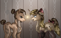 Size: 1024x637 | Tagged: safe, artist:runatfox, imported from derpibooru, oc, oc only, oc:runatfox, earth pony, pony, unicorn, bow, duo, ear piercing, earring, female, fluffy, hair bow, jewelry, mare, necklace, piercing, tail bow