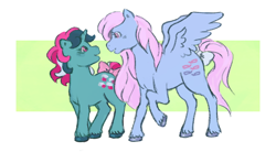 Size: 574x316 | Tagged: safe, artist:fizpup, imported from derpibooru, fizzy, wind whistler, pegasus, pony, unicorn, bow, female, g1, lesbian, mare, shipping, tail bow, whistlepop, wings