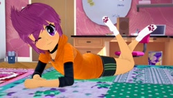 Size: 1280x720 | Tagged: safe, artist:legions20, imported from derpibooru, scootaloo, equestria girls, 3d, bed, bedroom, cat socks, clothes, crossed legs, cute, cutealoo, feet, hoodie, koikatsu, legs, looking at you, lying down, one eye closed, paw pads, paw socks, socks, stocking feet, the pose, wink, winking at you