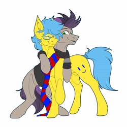 Size: 3300x3300 | Tagged: artist needed, safe, imported from derpibooru, oc, oc:happy sunshine, earth pony, clothes, glasses, hug, male, scarf, simple background, snuggling, stallion, striped scarf, white background