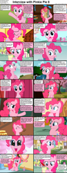 Size: 1282x3304 | Tagged: safe, imported from derpibooru, pinkie pie, earth pony, comic:celestia's servant interview, cake, caption, cs captions, cute, diapinkes, eating, female, food, interview, looking at you, mare, nom, notepad, pie, quill, text