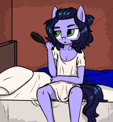 Size: 1200x1300 | Tagged: safe, artist:vadytwy, imported from derpibooru, oc, oc only, oc:skiu, anthro, anthro oc, bed, brush, clothes, comb, female, hairbrush, morning ponies, oversized clothes, shirt, solo, t-shirt