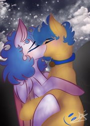 Size: 1024x1423 | Tagged: artist needed, safe, imported from derpibooru, oc, oc:happy sunshine, earth pony, pegasus, collar, female, kissing, male, mare, stallion