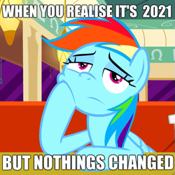 Size: 501x501 | Tagged: safe, edit, edited screencap, imported from derpibooru, screencap, rainbow dash, pegasus, pony, the saddle row review, 2020, bored, caption, female, hoof on cheek, image macro, lidded eyes, mare, meme, obligatory pony, text