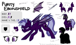 Size: 2000x1200 | Tagged: safe, artist:omiilett studios, imported from derpibooru, oc, oc only, oc:purity ebonshield, bat pony, pony, fanfic:everyday life with guardsmares, armor, bat pony oc, bat wings, blade, cloak, clothes, commission, cutie mark, dagger, everyday life with guardsmares, female, guardsmare, hoof blades, mare, night guard, reference sheet, royal guard, weapon, wingblade, wings